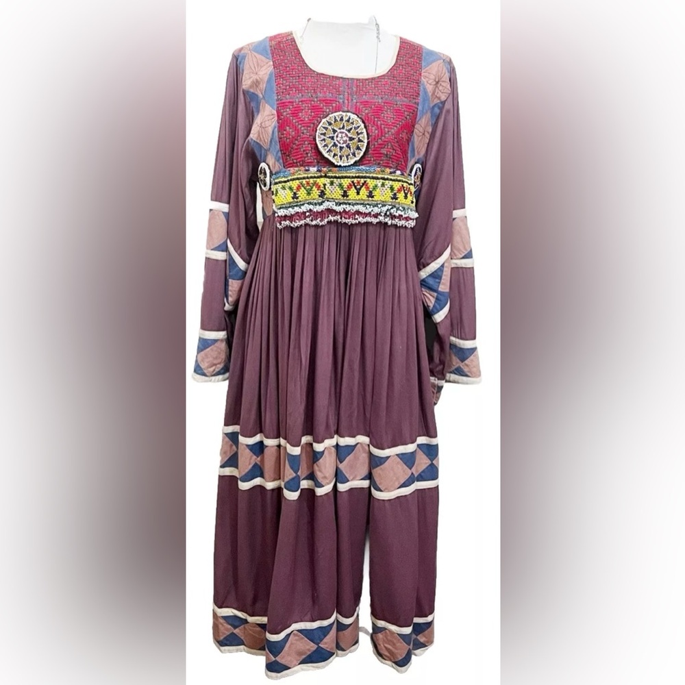 Vintage 1970s Afghan Kuchi Embroidered Beaded Patchwork Bohemian Tribal Dress